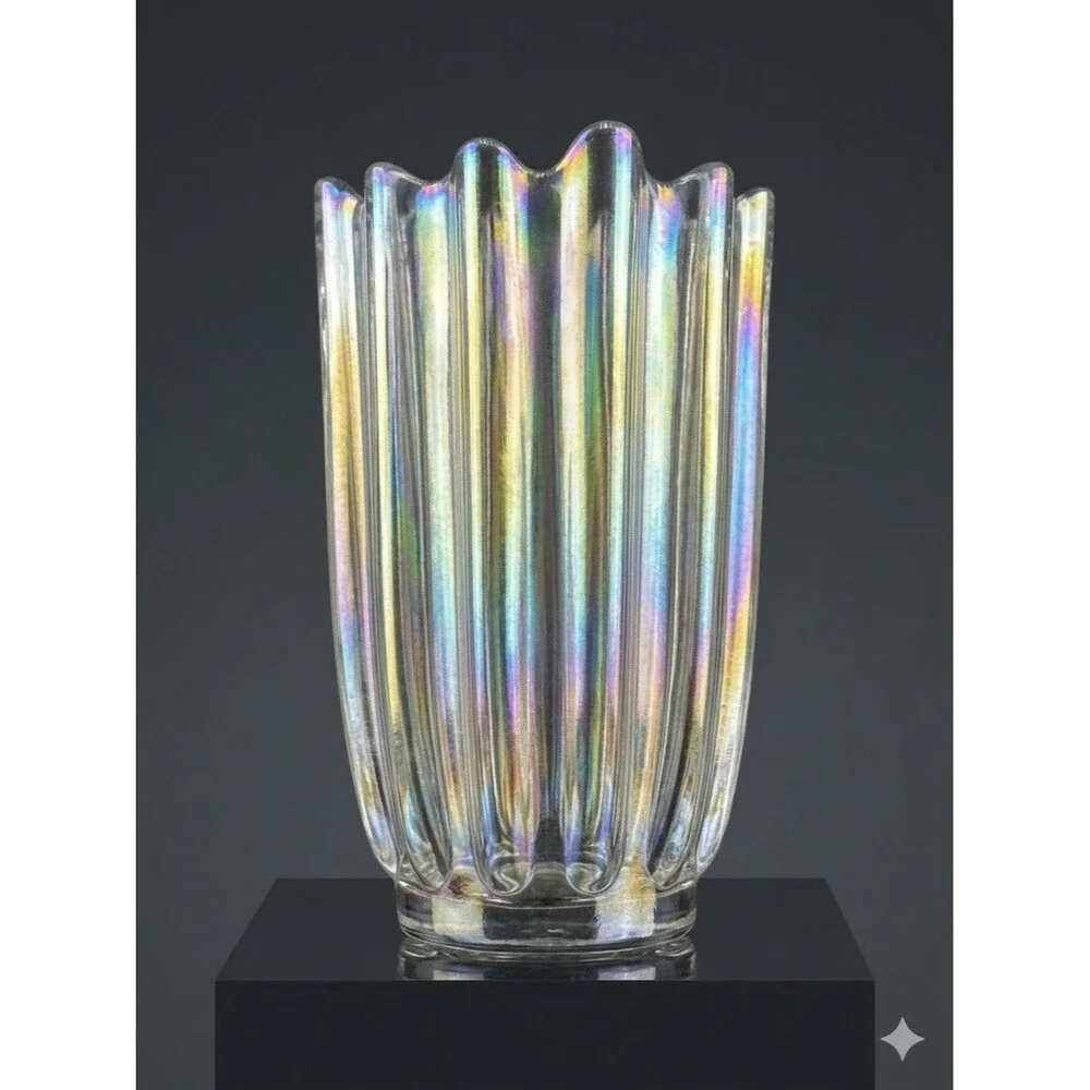 Vintage Iridescent Clear Art Glass Vase Ribbed Ruffled Handkerchief Heavy 5”x8”